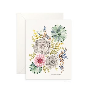 Carte vierge pliée de jardin succulent de 5 x 7 po., belle aquarelle florale, carte de voeux d'archives pour toutes les occasions par Senay, enveloppe incluse