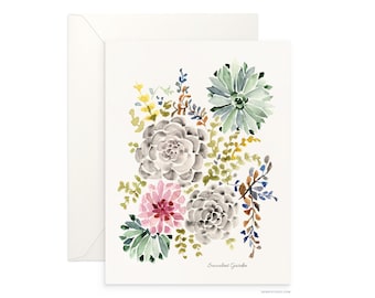 Succulent Garden Card: Watercolor Floral Art, Blank Inside (5x7)