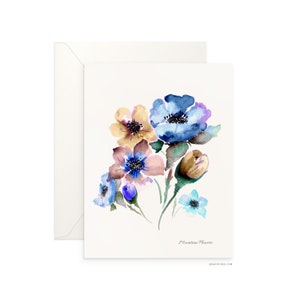 Carte vierge pliée de 5 x 7 po. Fleurs de montagne, beau design aquarelle, carte de voeux d'archives par Senay pour toutes les occasions, enveloppe incluse