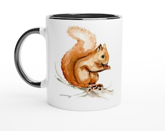 Squirrel Watercolor Mug, Cute Coffee Cup, Black Interior (11oz)