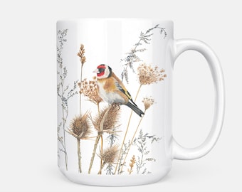 Coffee Mug 15oz and 11oz available | European Goldfinch In The Wild Watercolour Design | Coffee and Tea Mug | all over print, perfect gift