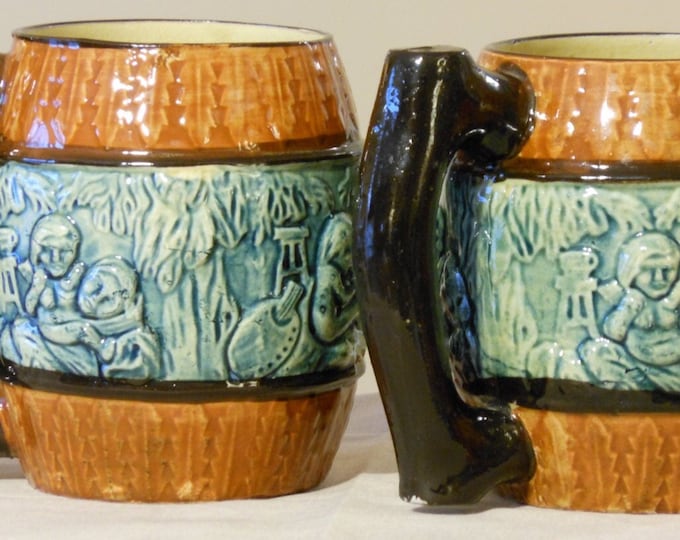 Vintage Ceramic Mugs with Blue Embossed Frieze