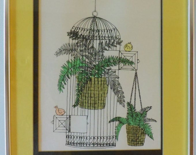 Bright Pen & Ink Picture, Birds, Ferns