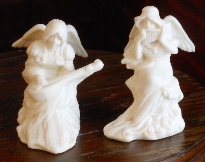 Two White Ceramic Angel Musicians