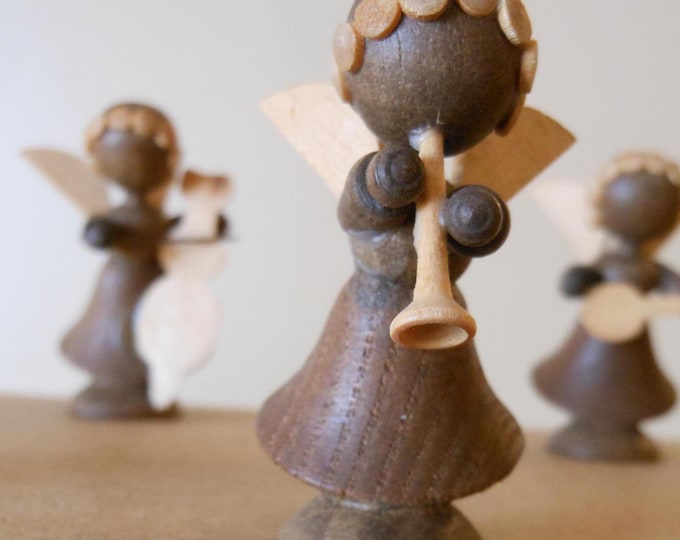 Set of Six German Miniature Wooden Angel Musicians: 1980s Oberammergau Bavaria
