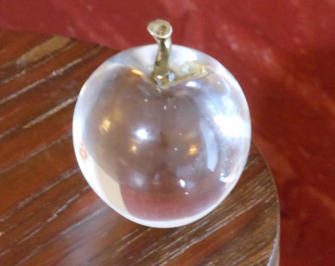 Clear Glass Apple Paperweight with Brass Stem