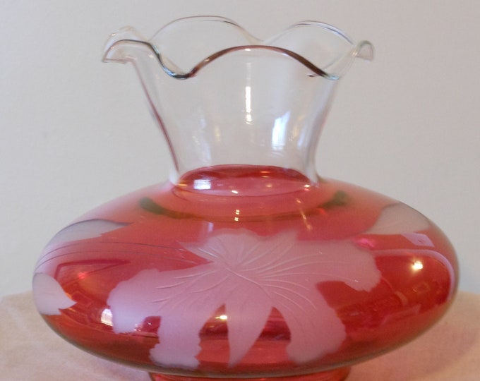 Red and Frosted Clear Glass Shallow Vase