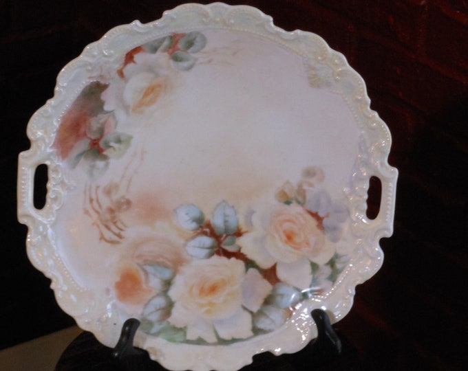 Vintage Two-Handled Embossed Porcelain Hand Painted Floral Plate
