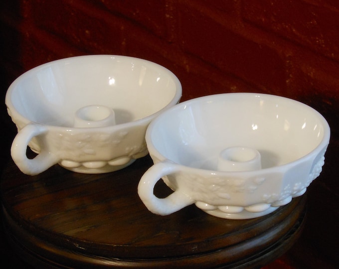 Two Vintage Milk Glass Candle Holders with Handles