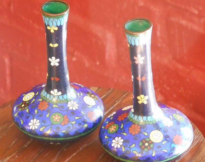 Two Matching Vintage Enamel Cloisonne Vases