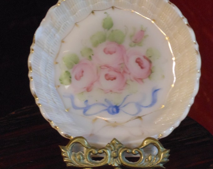 Small Vintage Porcelain Plate with Ornate Metal Stand