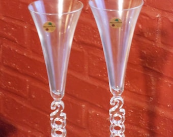 A Pair of Millennium 2000 Crystal Champagne Flutes by Cristal d'Arques (Original Box & Stickers)