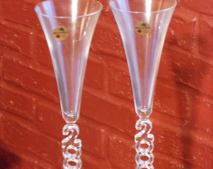 A Pair of Millennium 2000 Crystal Champagne Flutes by Cristal d'Arques (Original Box & Stickers)