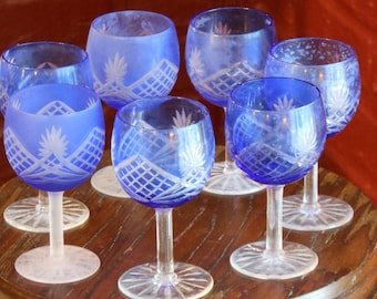 Seven Blue Glass Etched, Frosted Aperitif Glasses