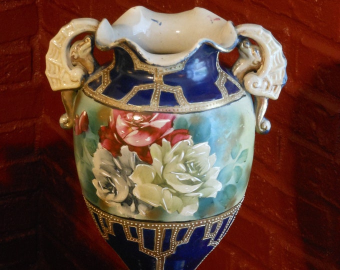 Vintage Hand Painted Embossed 12-inch Vase with Dolphin Handles and Floral Pattern