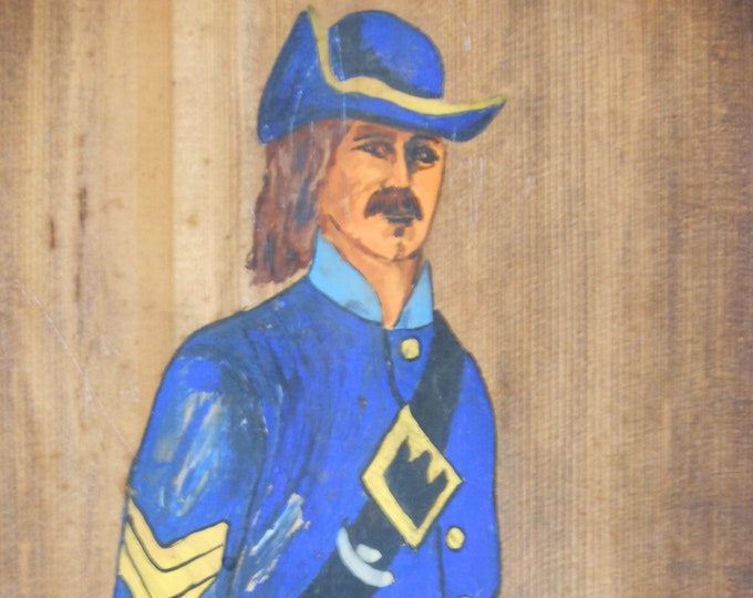 Vintage Soldier in Blue Painted on Stained Board