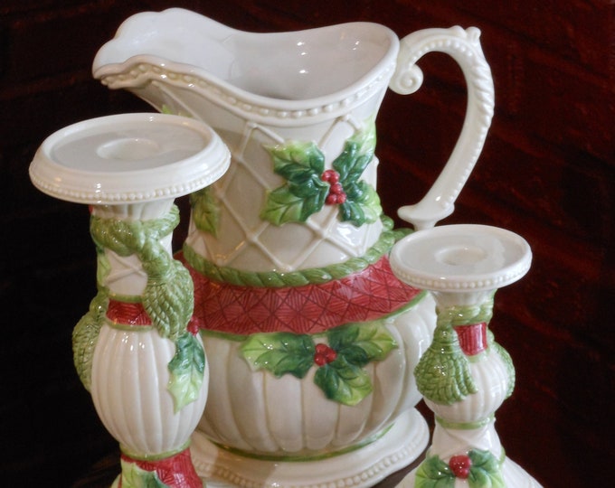 Demdaco Holly Berry Pattern 1.5 Quart Pitcher and Candle Holders