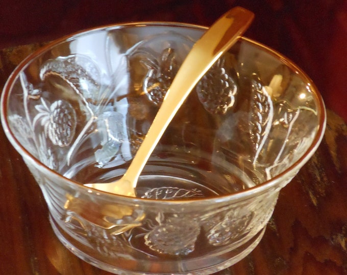 Etched French Glass Condiment Bowl with Gold Stainless Steel Spoon