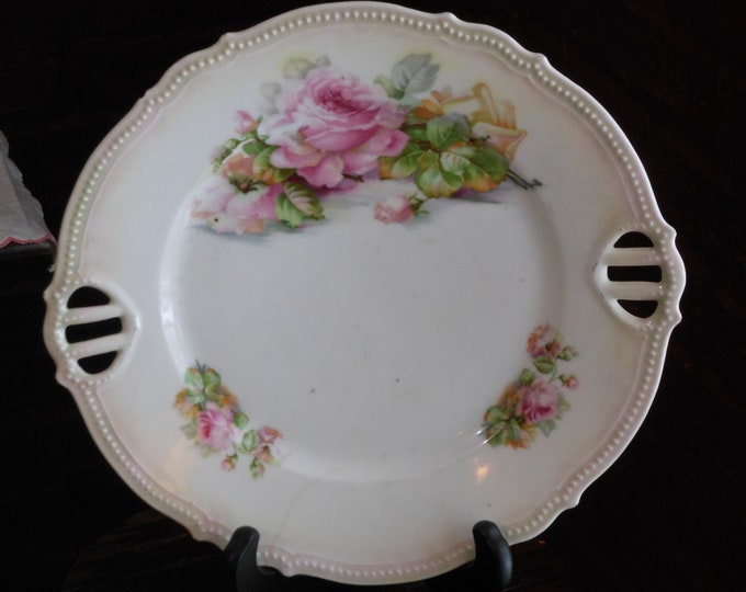 Antique P.K. Selesia Two-Handled Hand-Painted Reticulated 10-Inch Plate