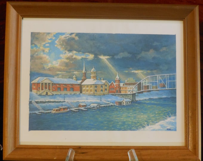 Vintage Watercolor Scene of Small River Town