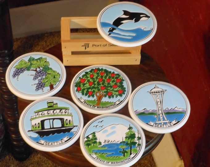 Set of Six Colorful Port of Seattle Coasters