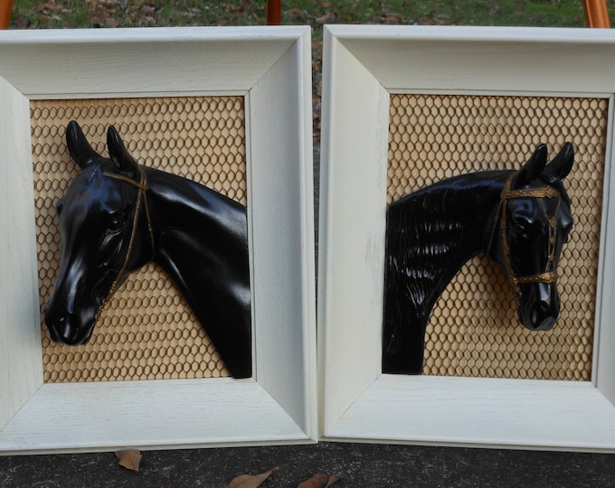 A Pair of Framed 3-D Black Resin Horses