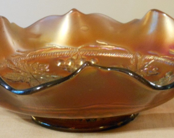 Antique Fenton Carnival Glass Grape and Leaf Pattern Ruffle-Top Bowl