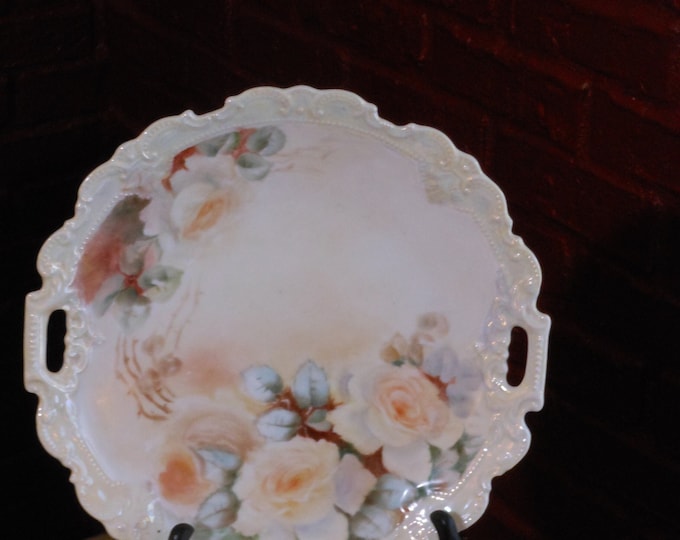 Vintage Two-Handled Embossed Porcelain Hand Painted Floral Plate