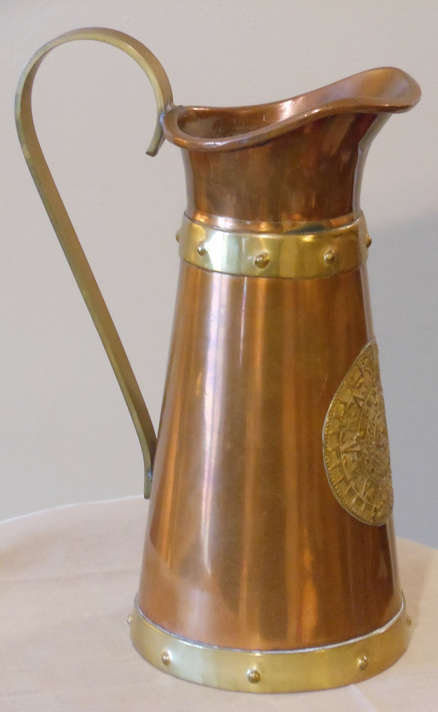 Vintage Hammered Copper Pitcher Vase with Brass Aztec Sun Symbol