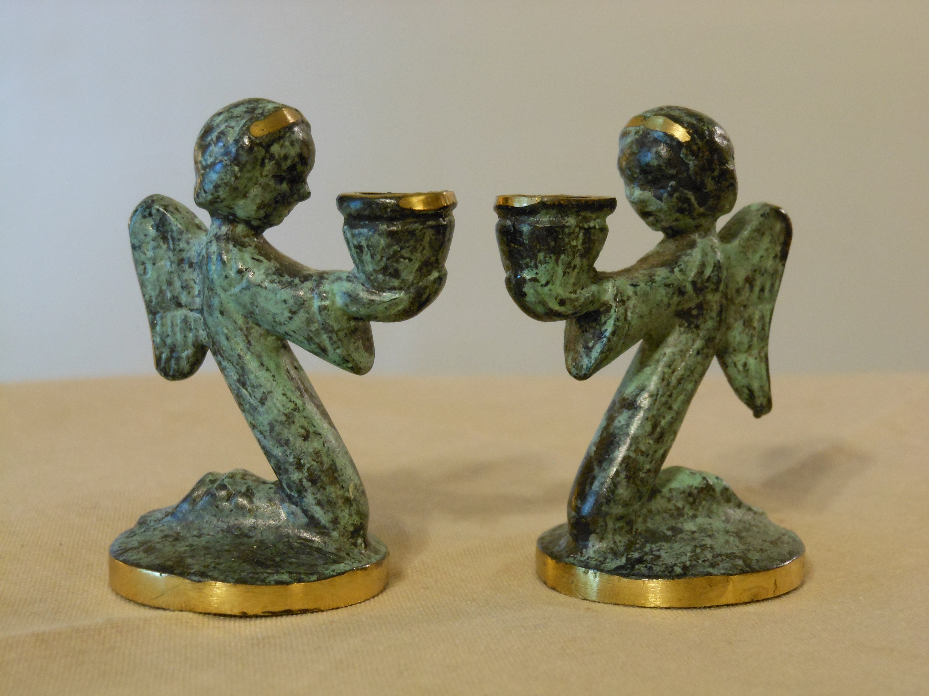 Two Small Pewter/Brass Angel Candle Holders
