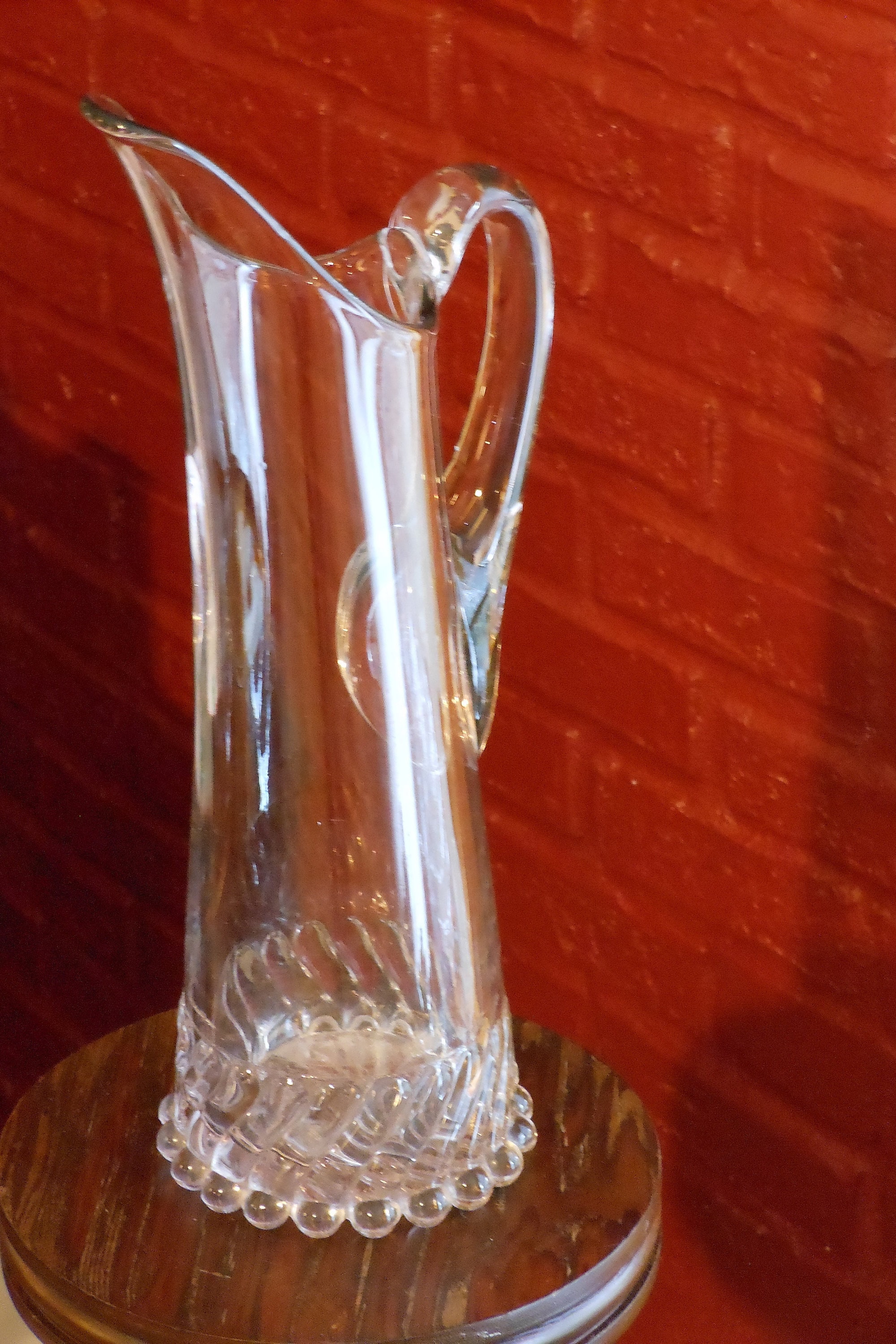 Tall Clear Glass Beaded Vase with Handle & Spout