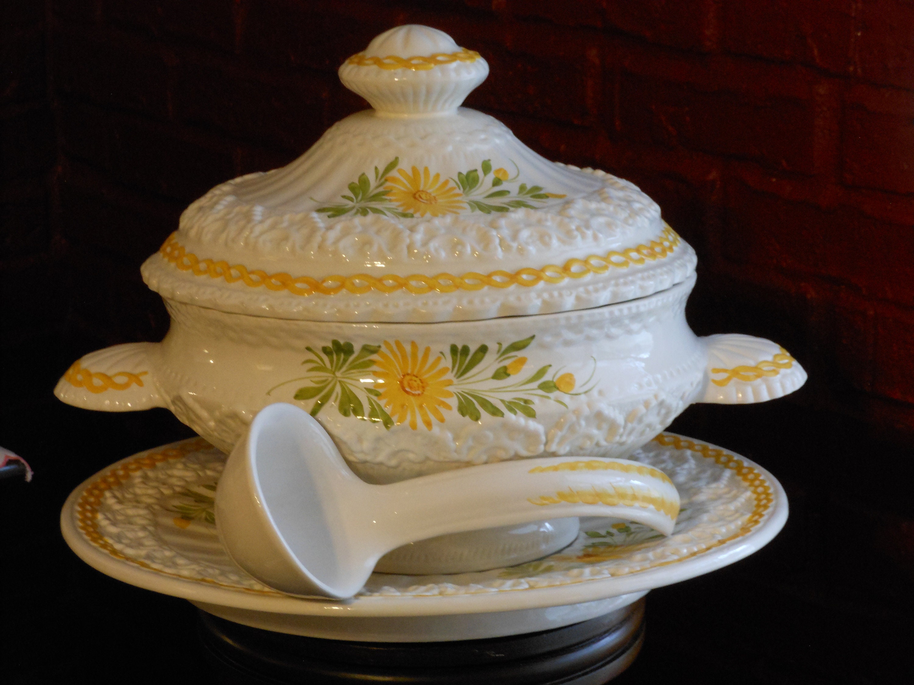 Large Italian Vintage Soup Tureen w/ Underplate and Ladle