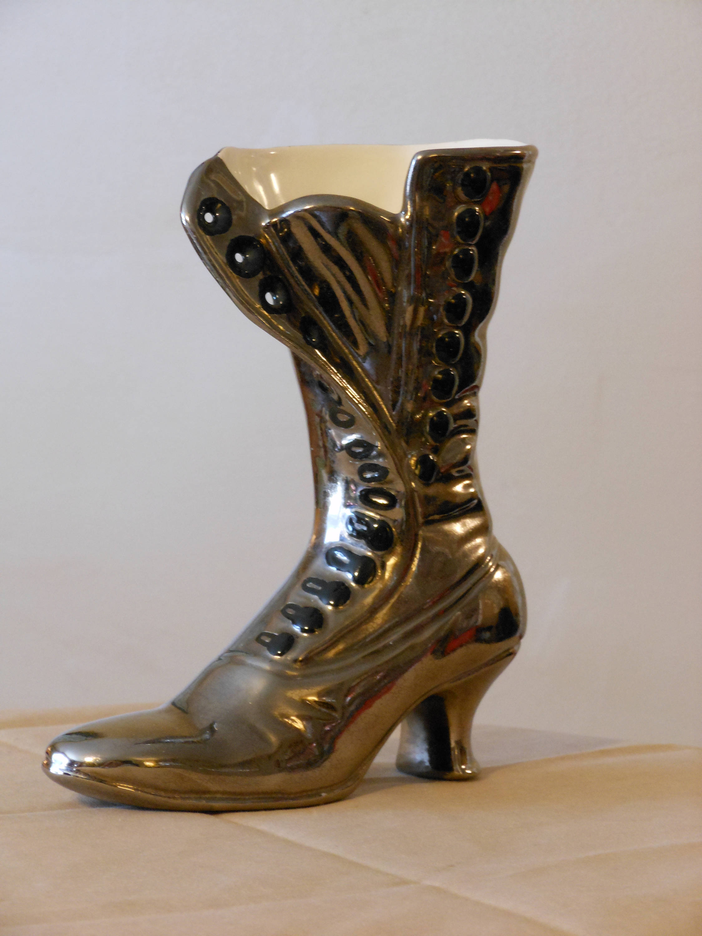 Vintage BrassCovered Ceramic Victorian Ladies Boot Vase