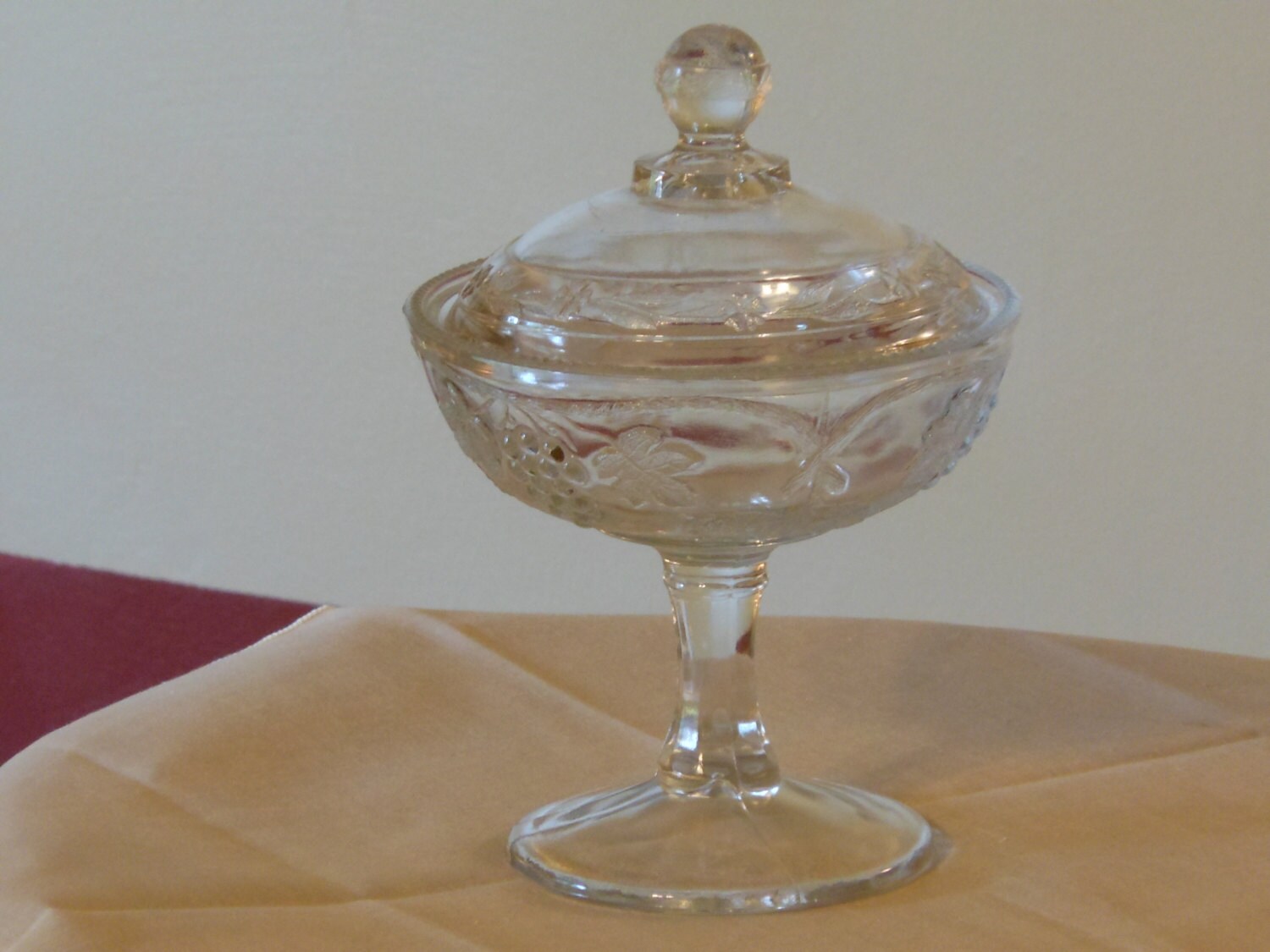 Grapes, Leaves, & Vines Etched Crystal Candy Dish with Lid