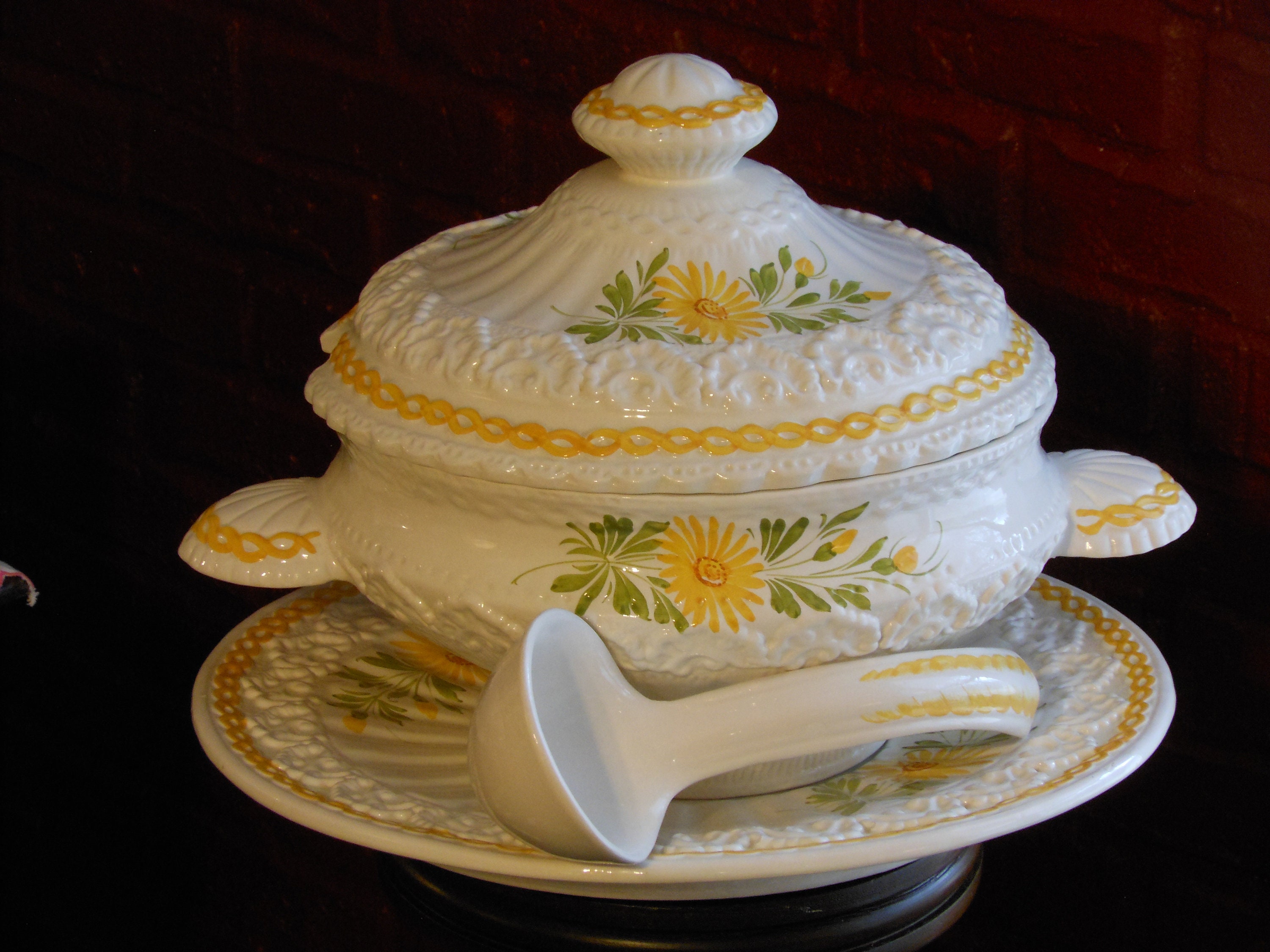 Large Italian Vintage Soup Tureen w/ Underplate and Ladle