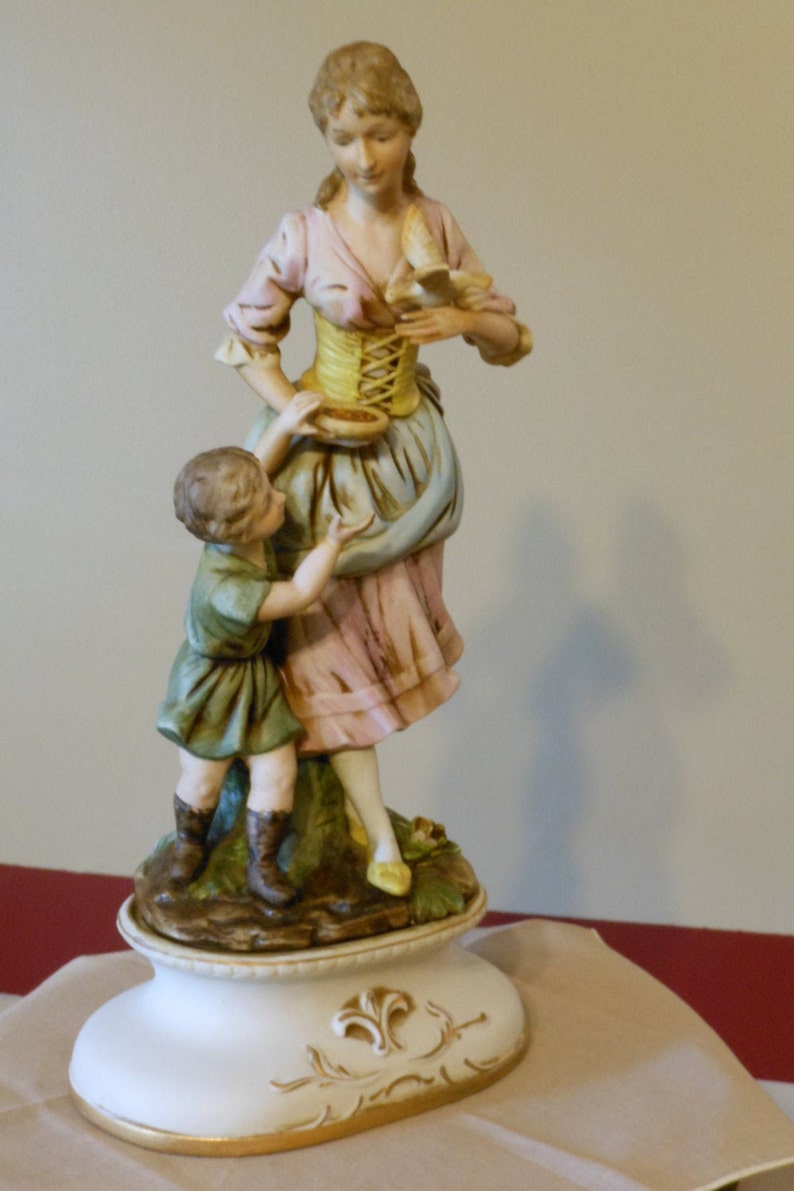 Old Bisque Porcelain Figurine of a Woman and a Boy Feeding a Etsy