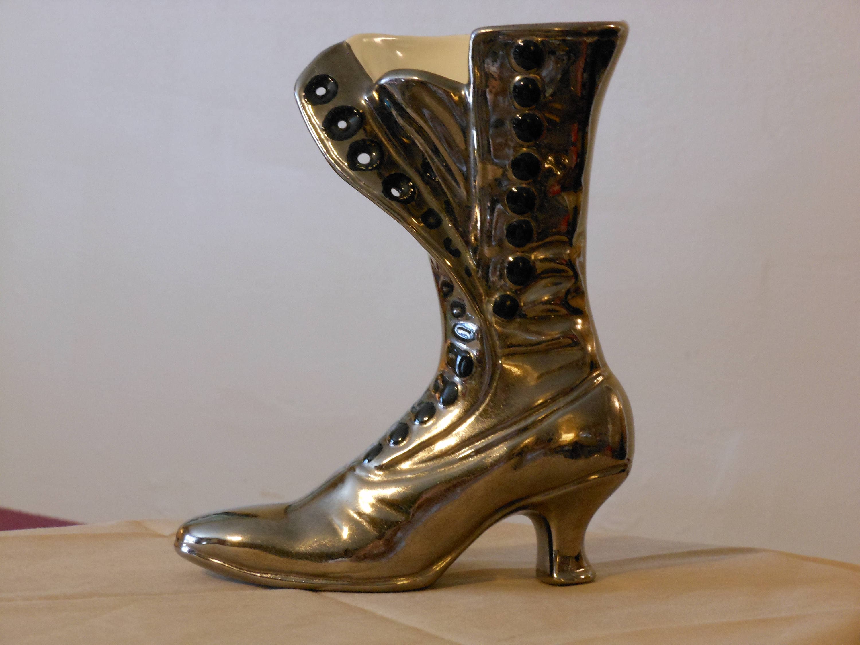 Vintage Brass-Covered Ceramic Victorian Ladies Boot Vase