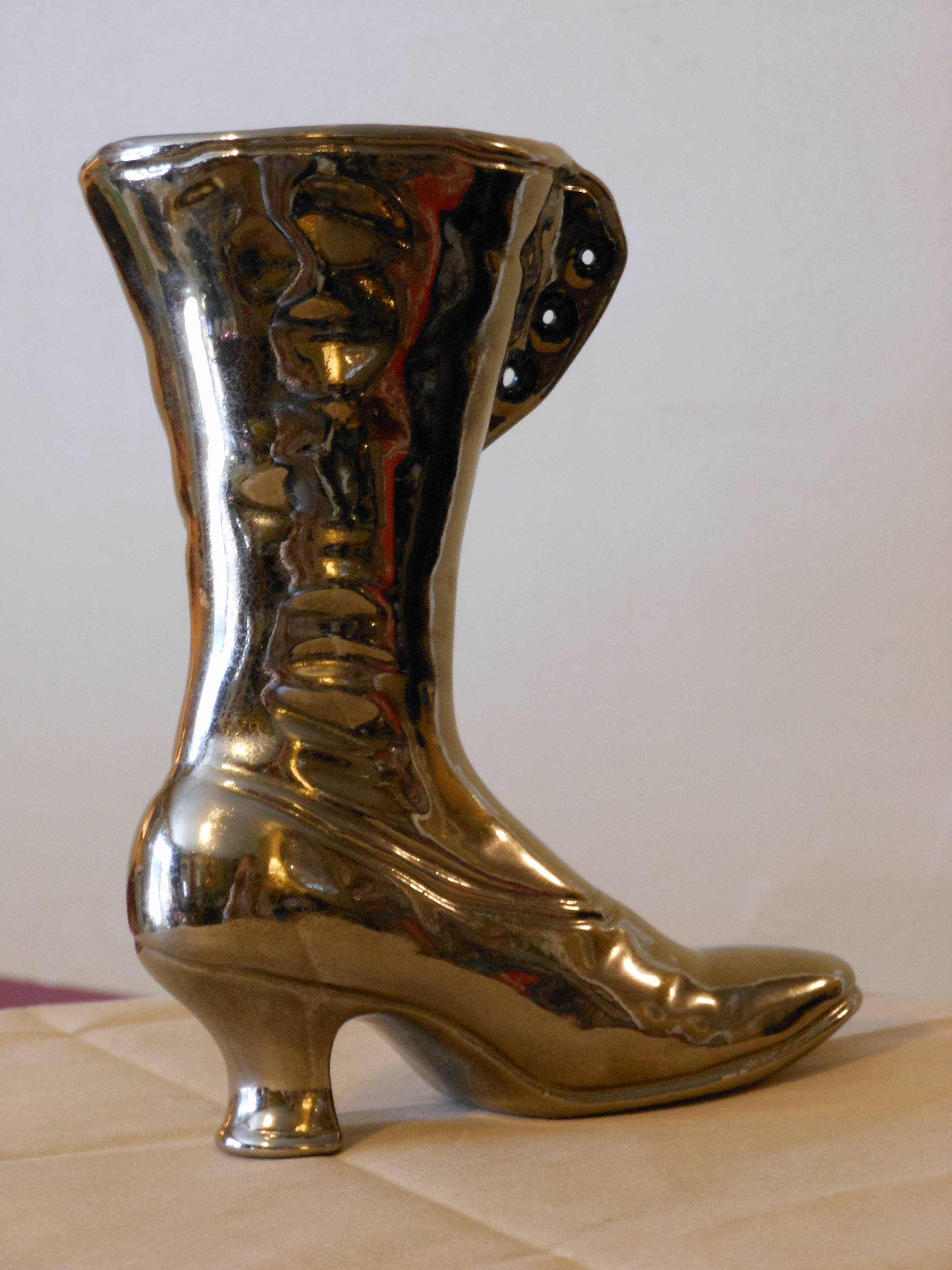 Vintage BrassCovered Ceramic Victorian Ladies Boot Vase