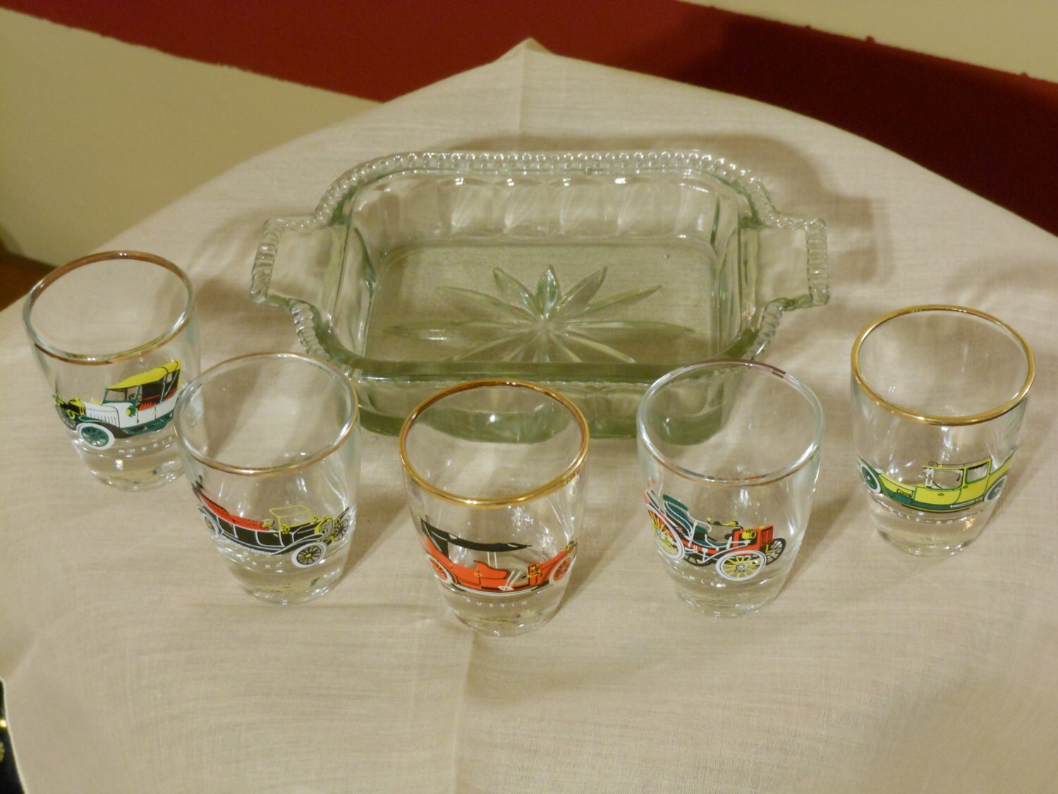 Set of Five Antique Car Shot Glasses in a Glass Tray