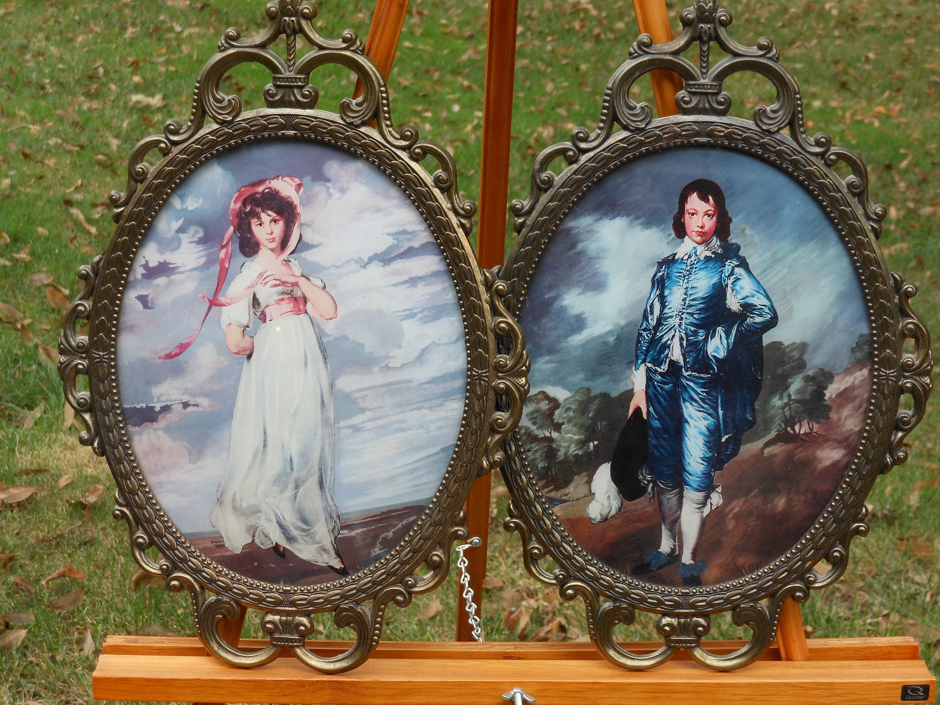 Pinky and Blue Boy Oval Portraits Bubble Glass and Metal Vintage Ornate Frames