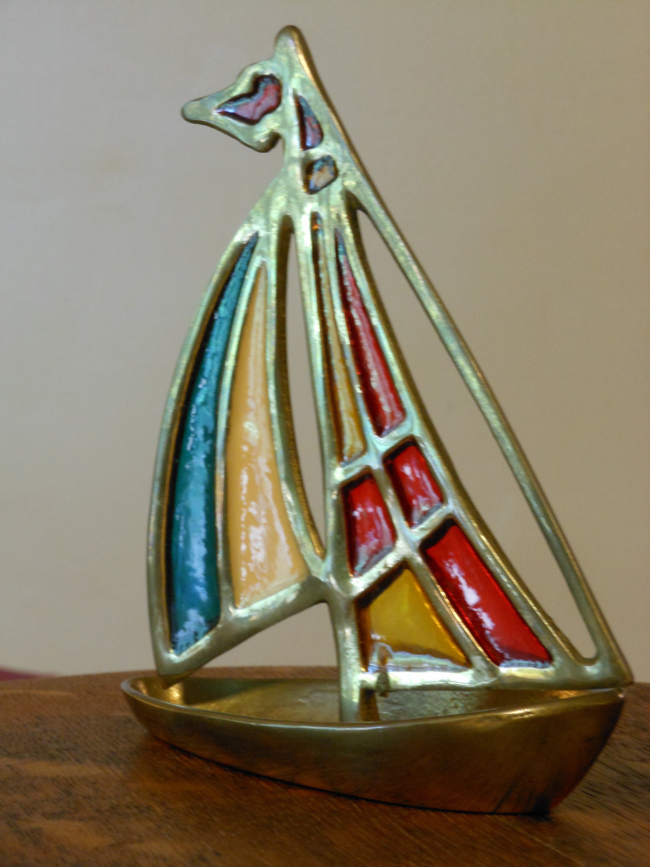 Ship Inlay Vintage Brass Sailboat with Multicolored Plastic Inlay