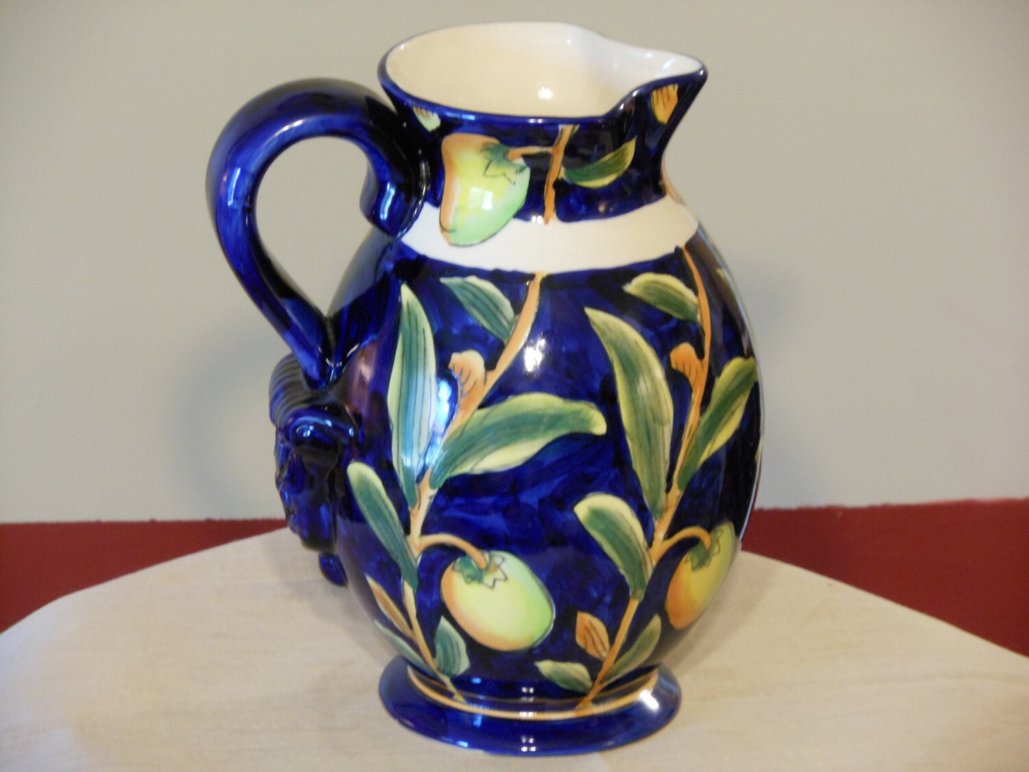 Dark Blue Asian Floral Pitcher Vase