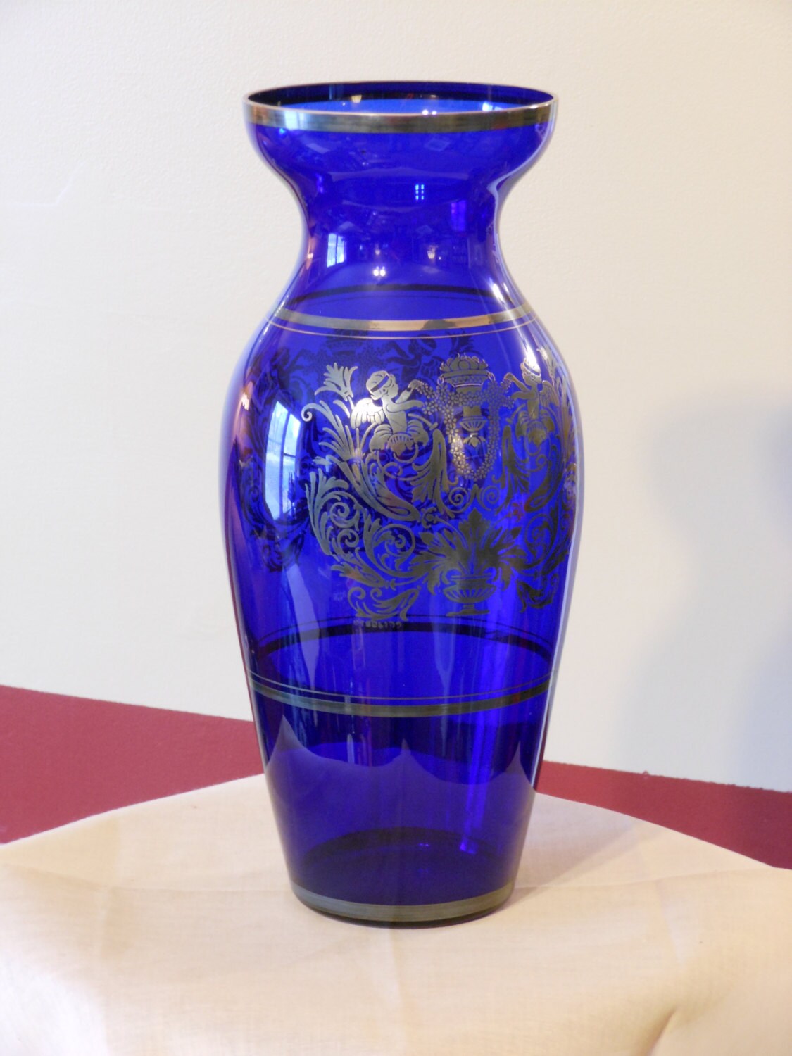 German Antique Ornate Cobalt Glass Vase with Silver Overlay