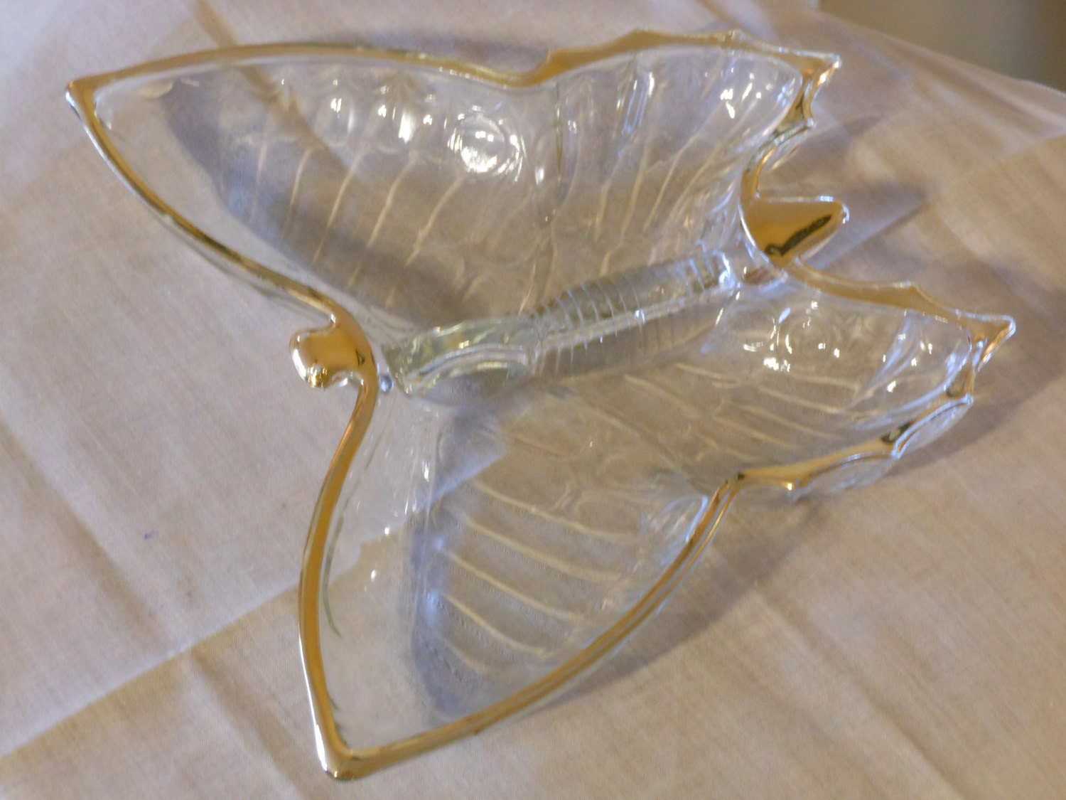 Clear Glass, Gold Trimmed Vintage Butterfly Sectioned Candy Dish
