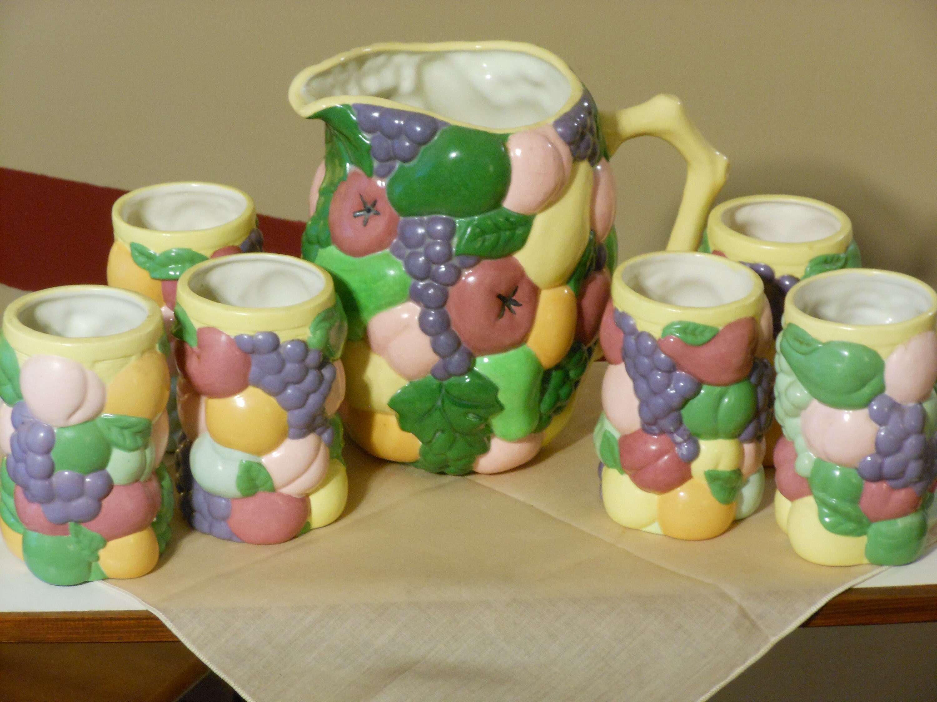Vintage Ceramic Embossed Fruit Pitcher with Six Glasses