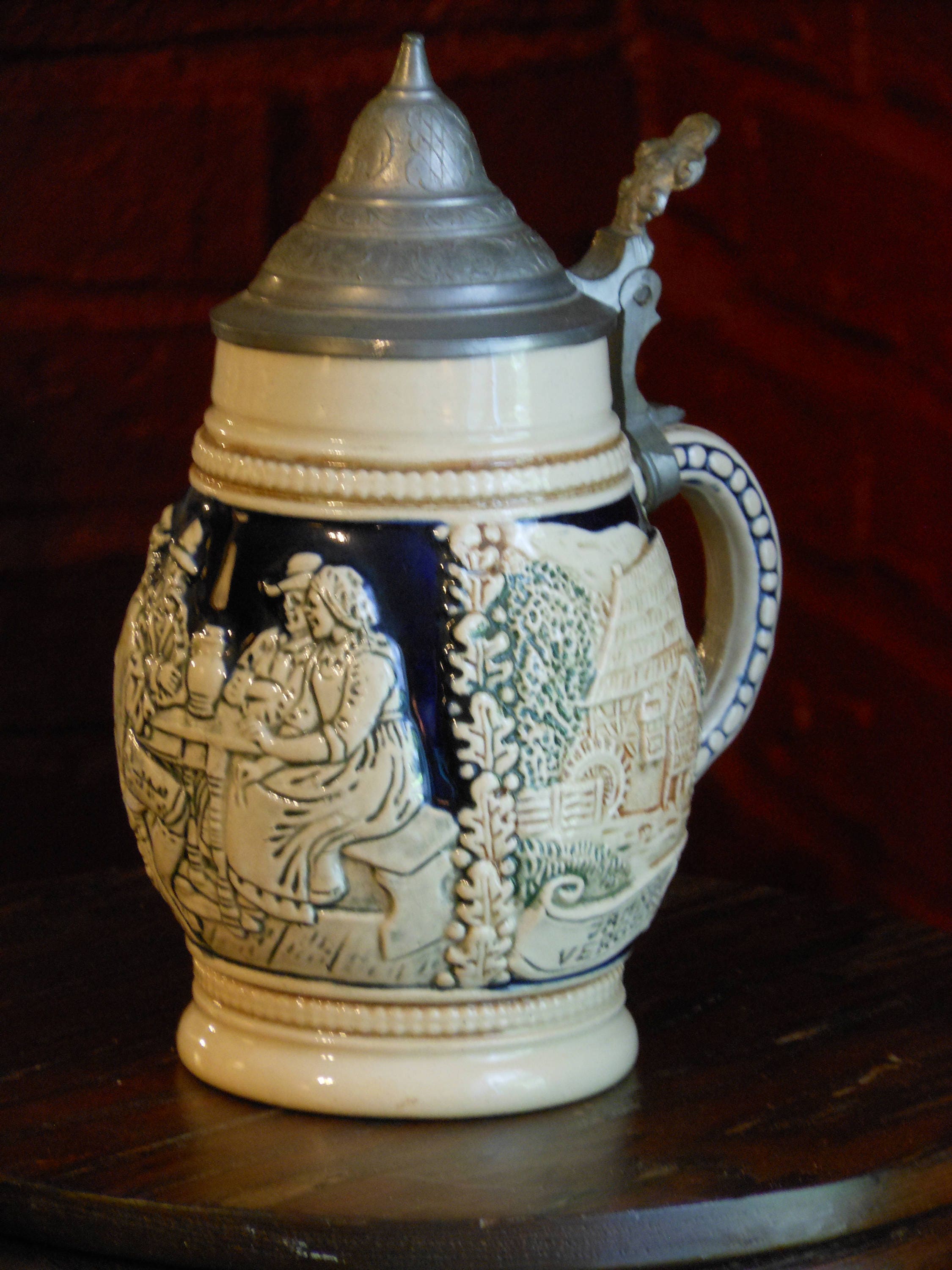 Western Germany Beer Stein w/ Attached Metal Lid