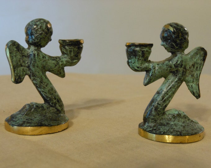 Two Small  Pewter/Brass Angel Candle Holders
