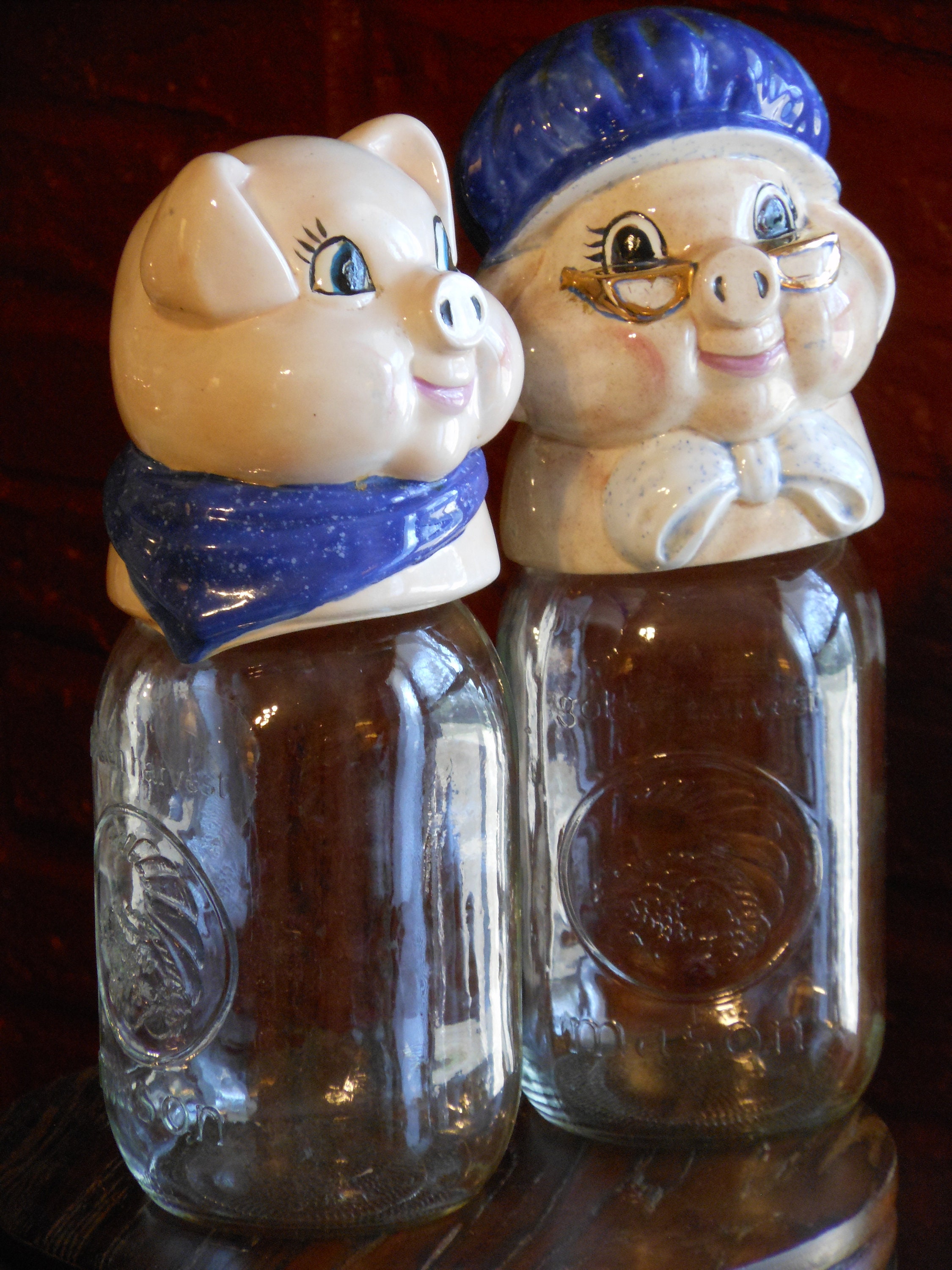 Glass Jars w/ Ceramic Pig Faces