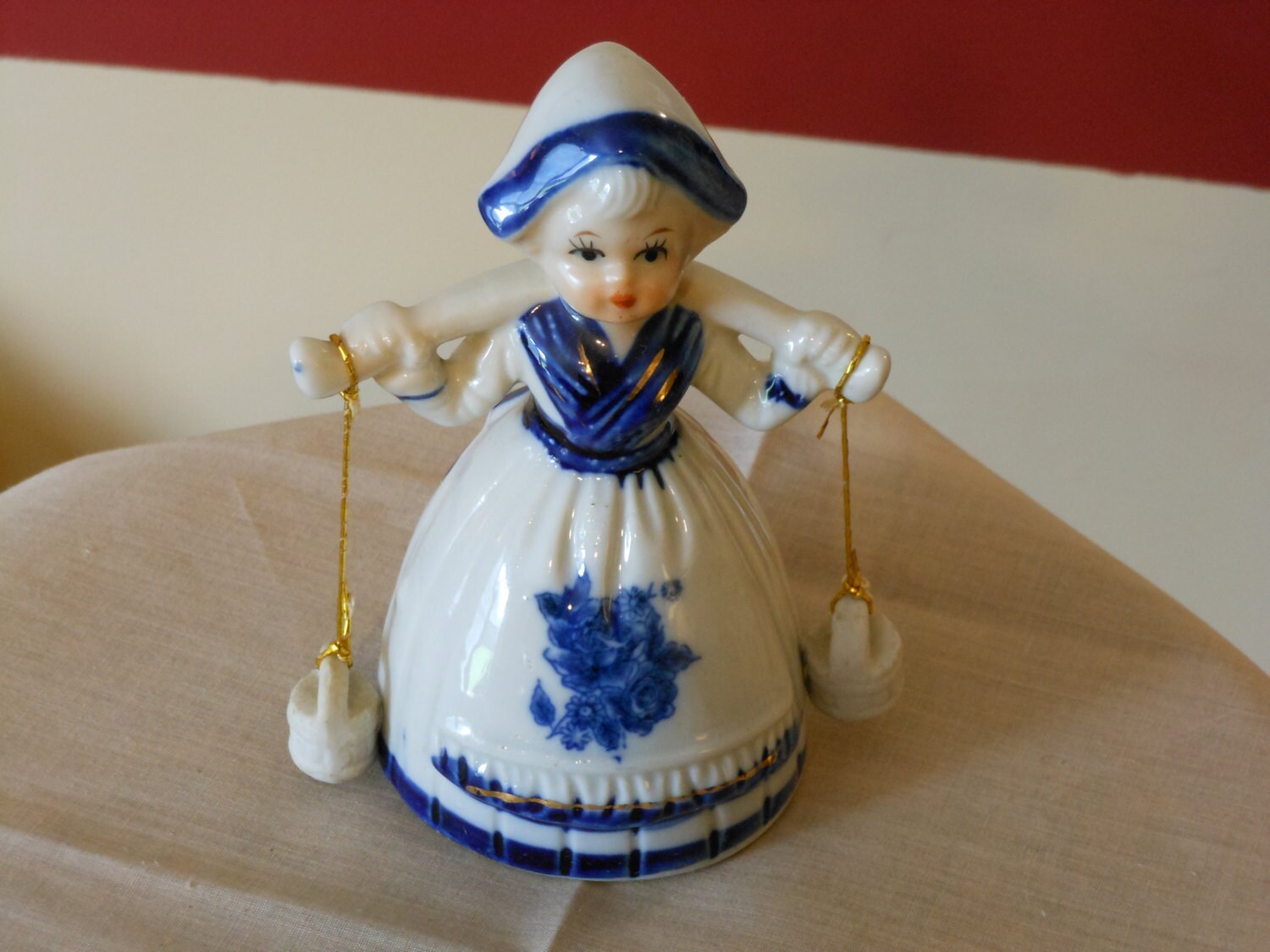 Porcelain Dutch Girl Bell with Water Bucket Chimes