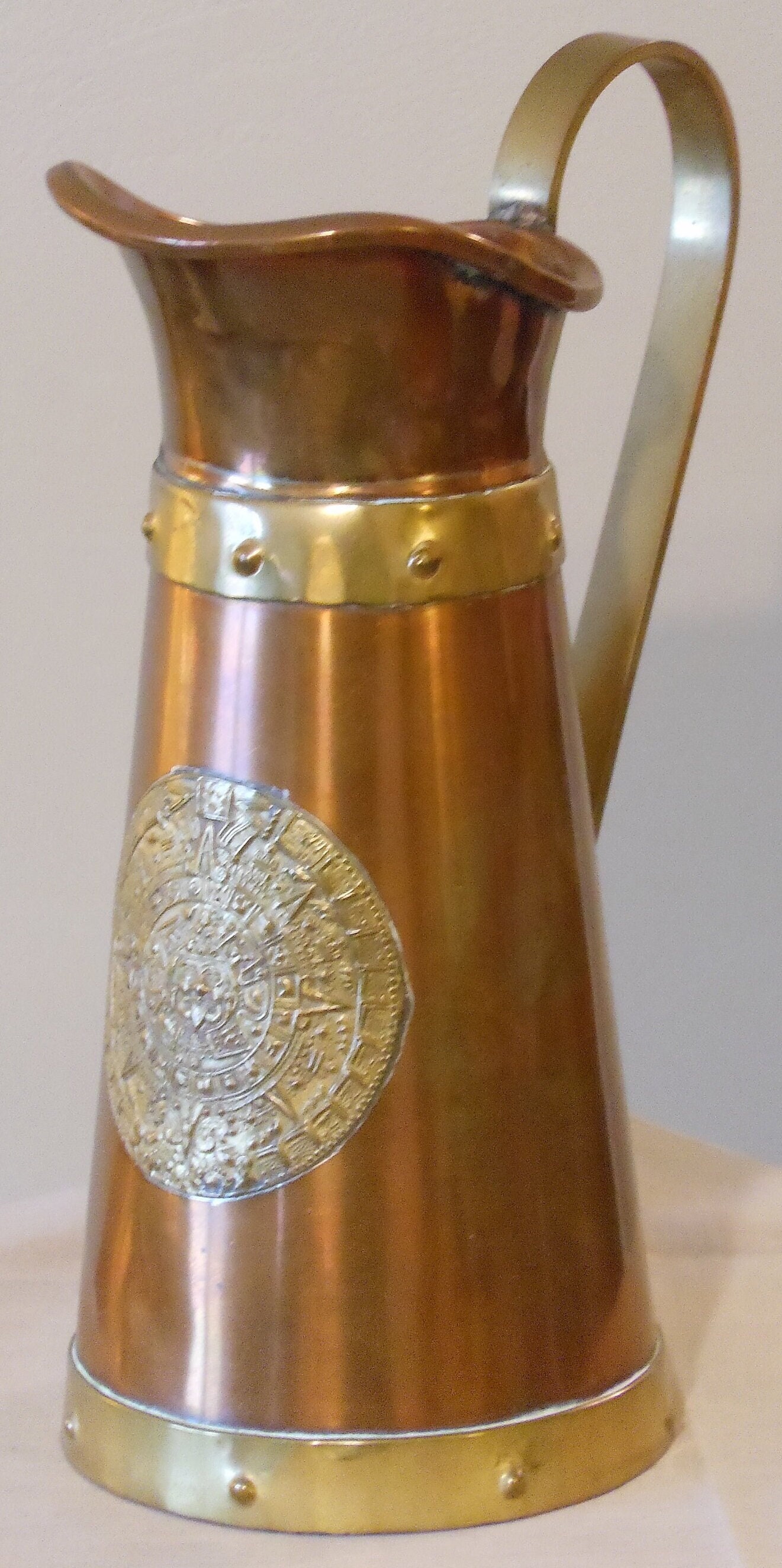 Vintage Hammered Copper Pitcher Vase with Brass Aztec Sun Symbol